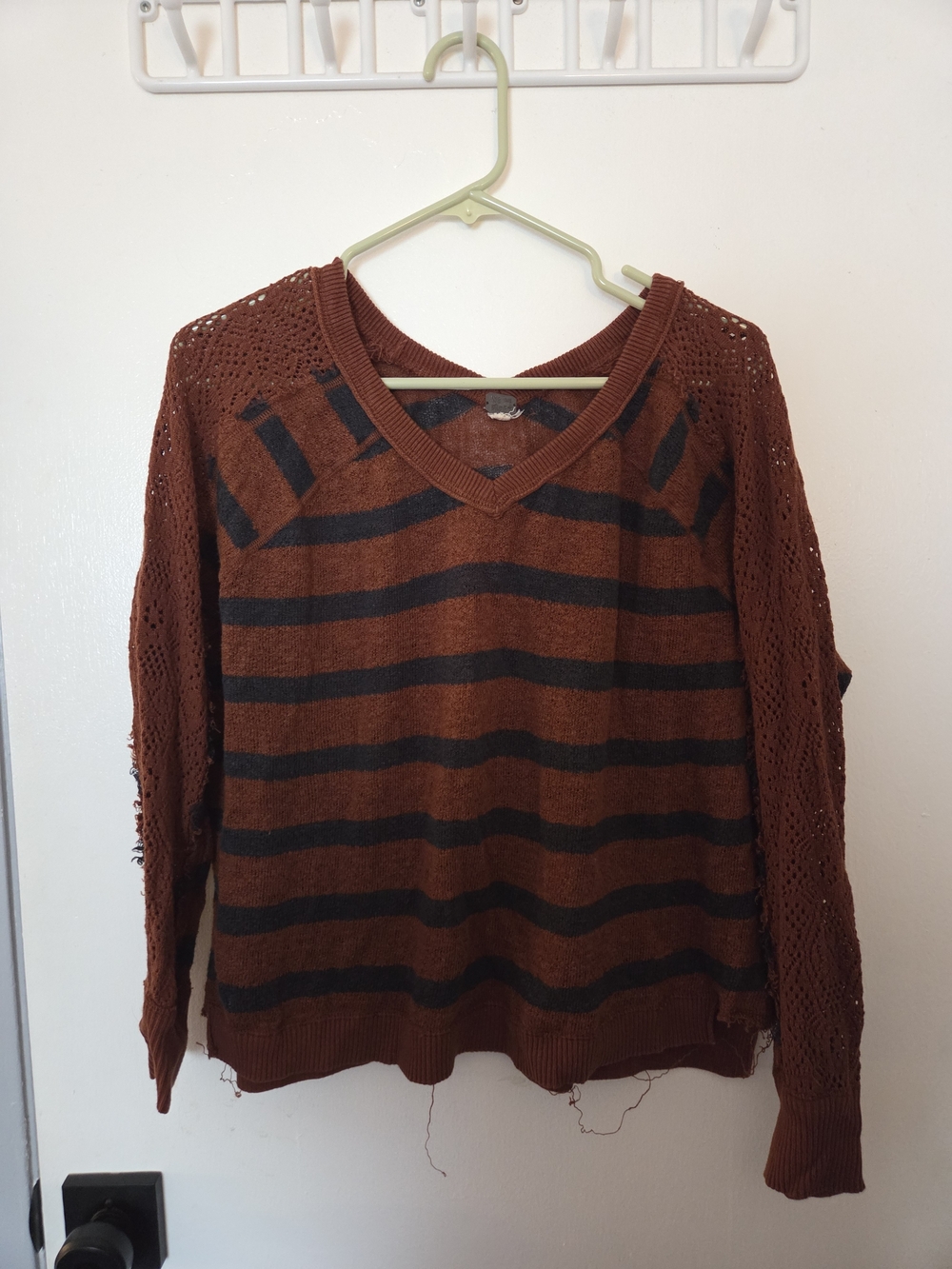 Free People "We The Free" Striped V-Neck Sweater with Open-Knit Sleeves